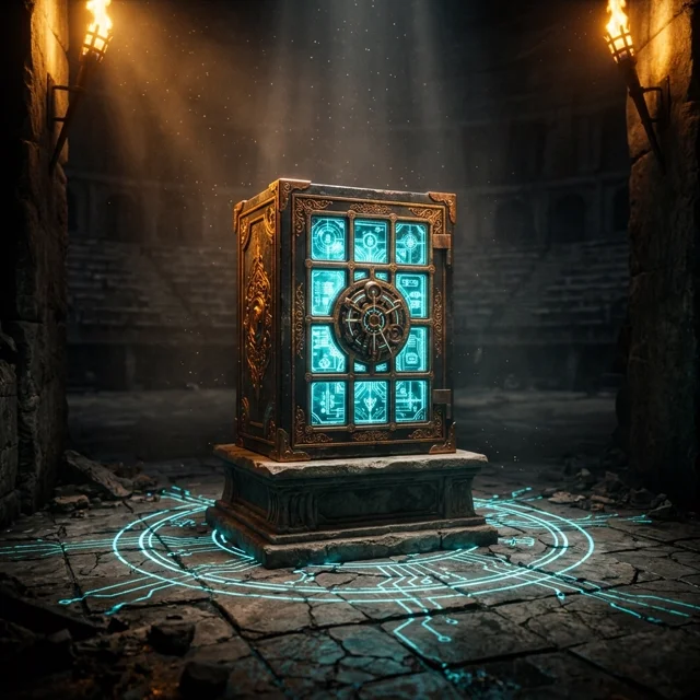 A brass vault with twelve glowing cyan glass panes on a cracked stone pedestal under amber torchlight in a cyberpunk arena alcove