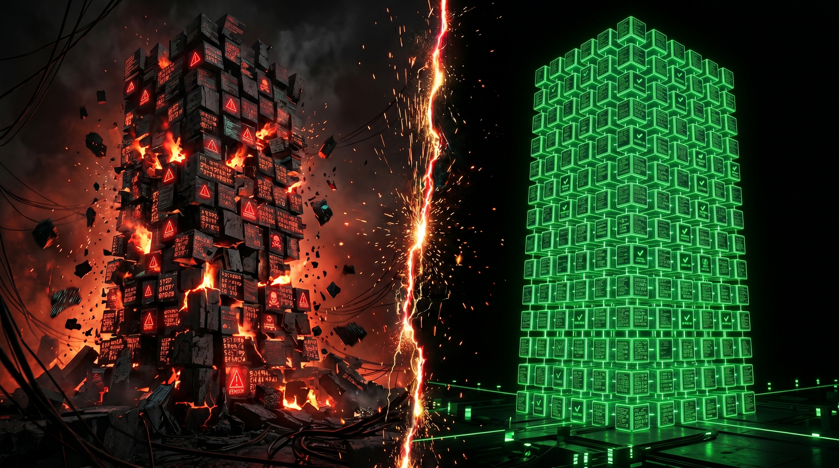 Split screen: a crumbling red tower of warnings on the left versus a clean green modular grid on the right