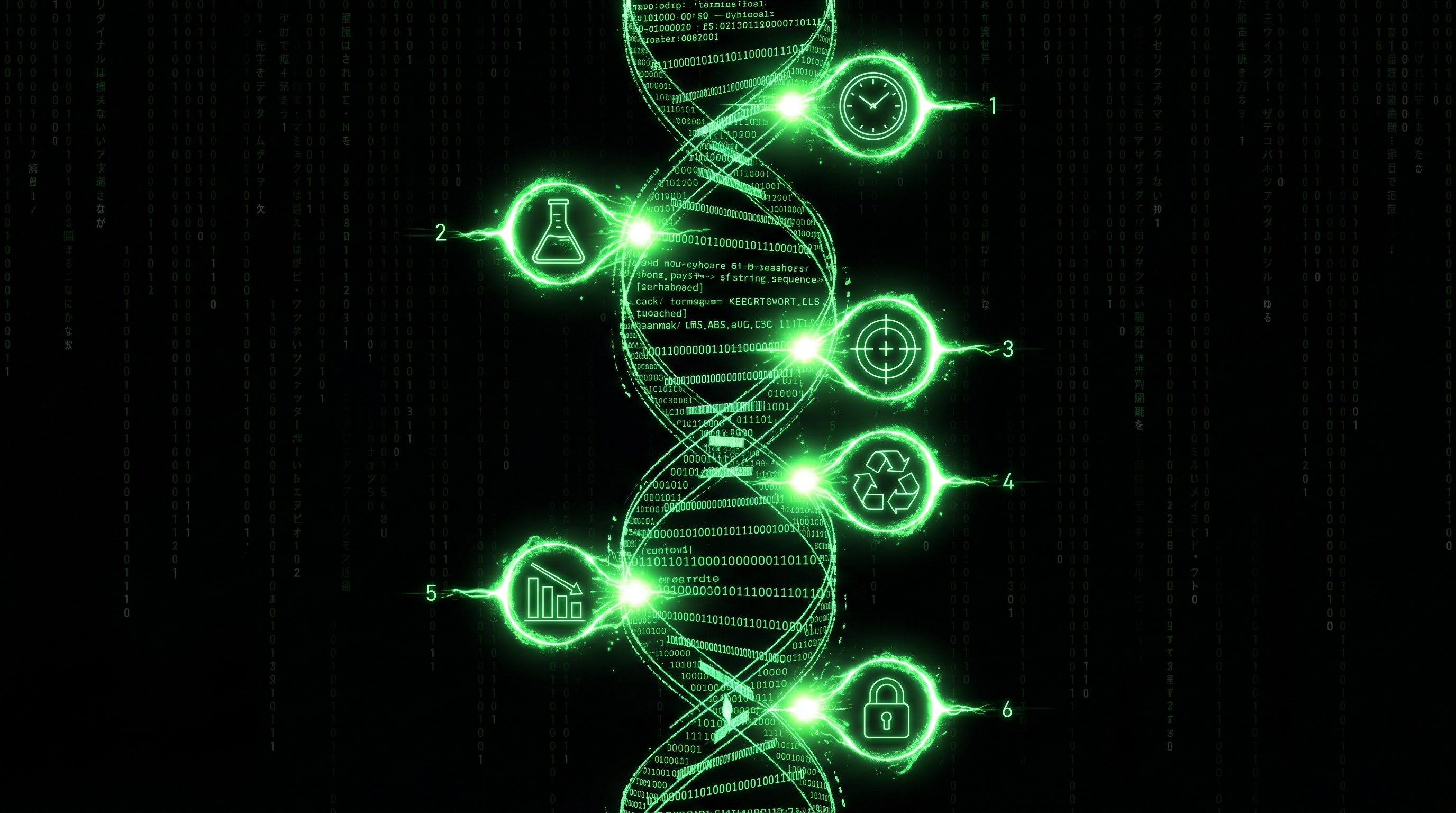 A DNA double helix made of green code with 6 glowing research nodes: clock, flask, target, recycling, chart, and lock