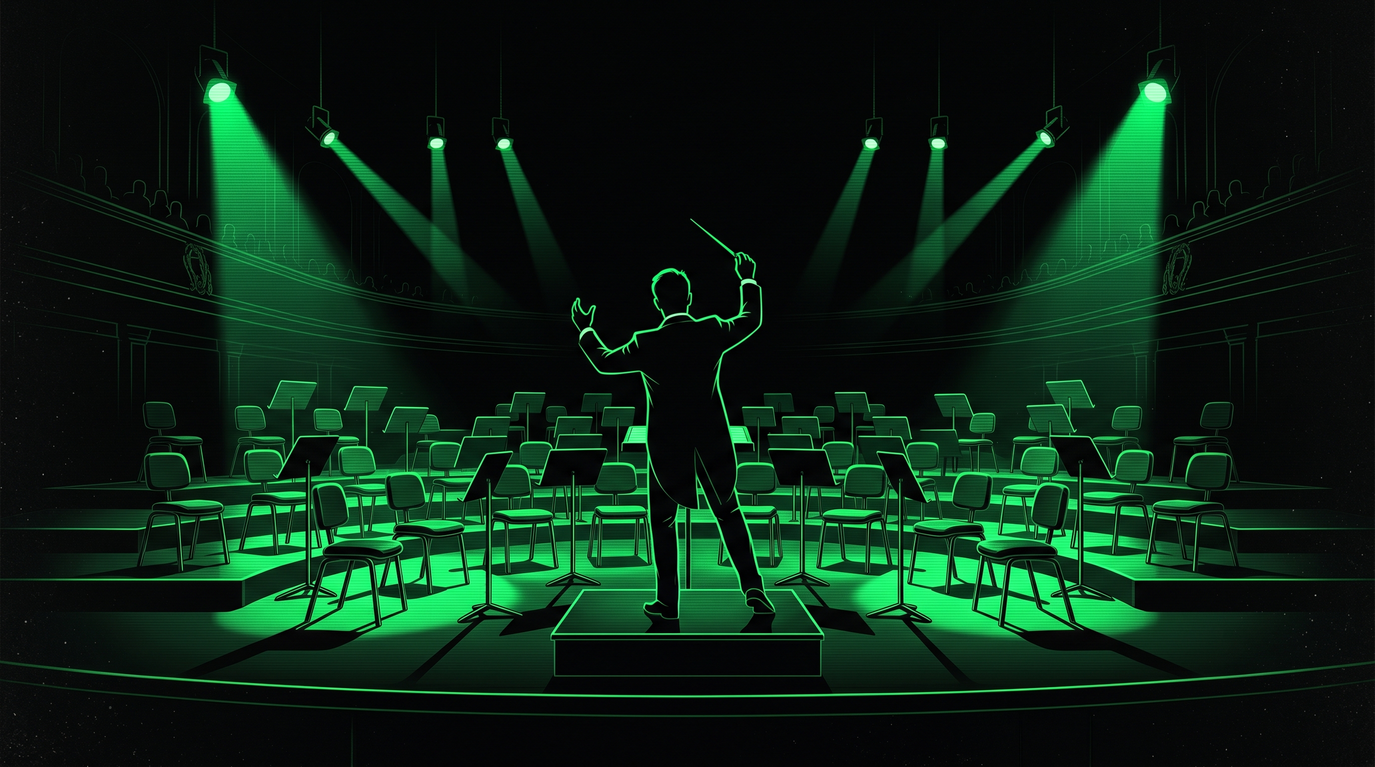 A silhouetted conductor raising a baton on stage before rows of empty chairs and vacant music stands, bathed in green spotlights.