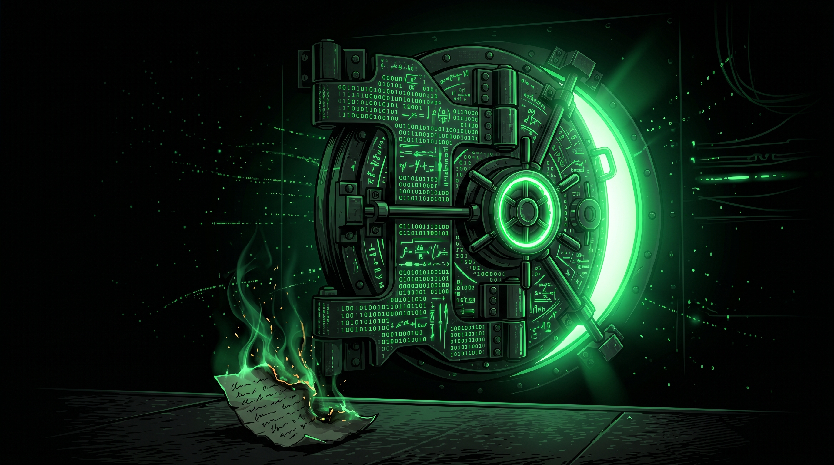 A massive green-glowing vault door etched with code, with a small handwritten paper note burning away in the foreground — symbolising a hard-coded rule replacing a fragile memory.