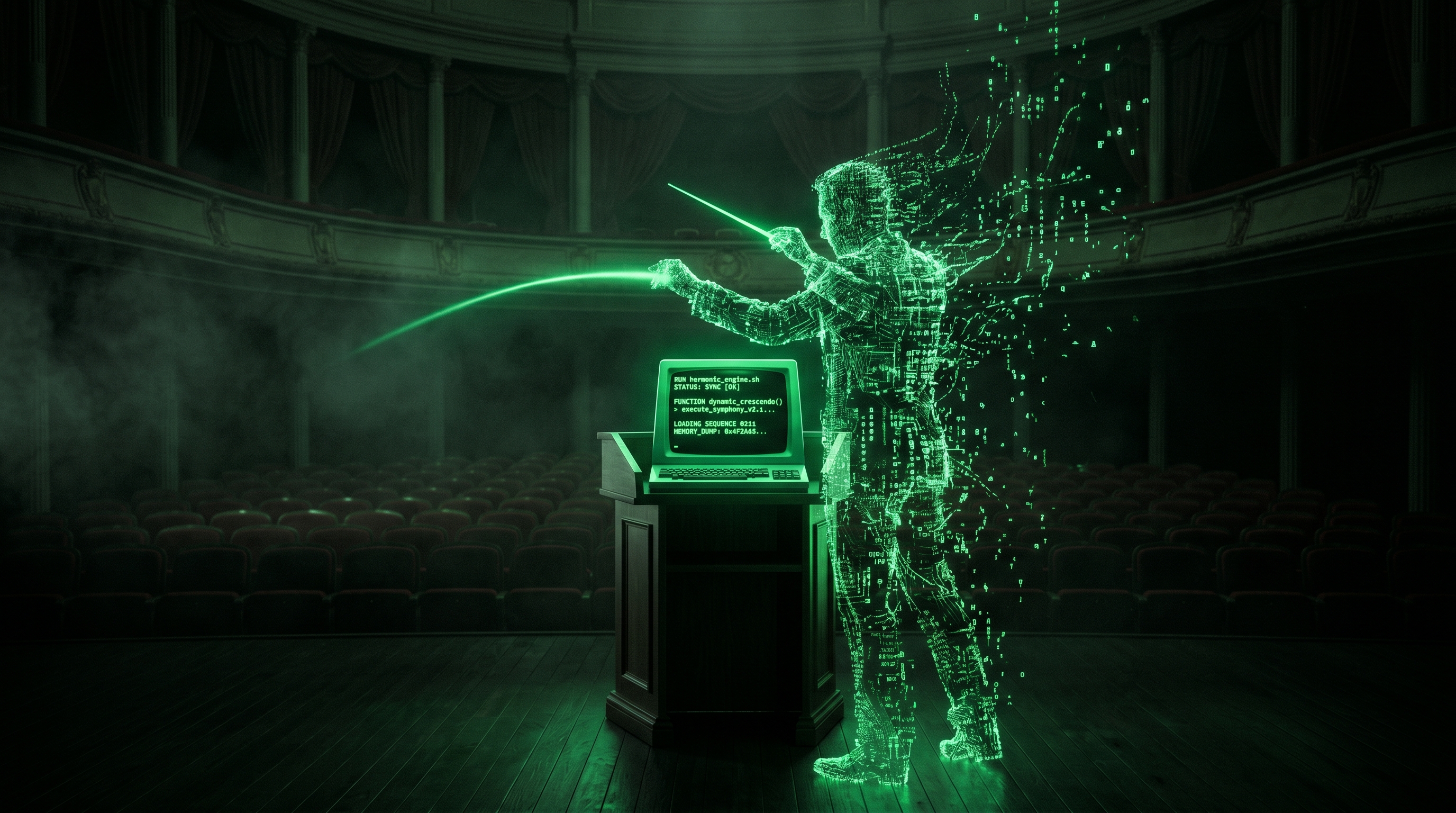 A wireframe code-conductor on a dark stage, with the music score replaced by a glowing terminal window