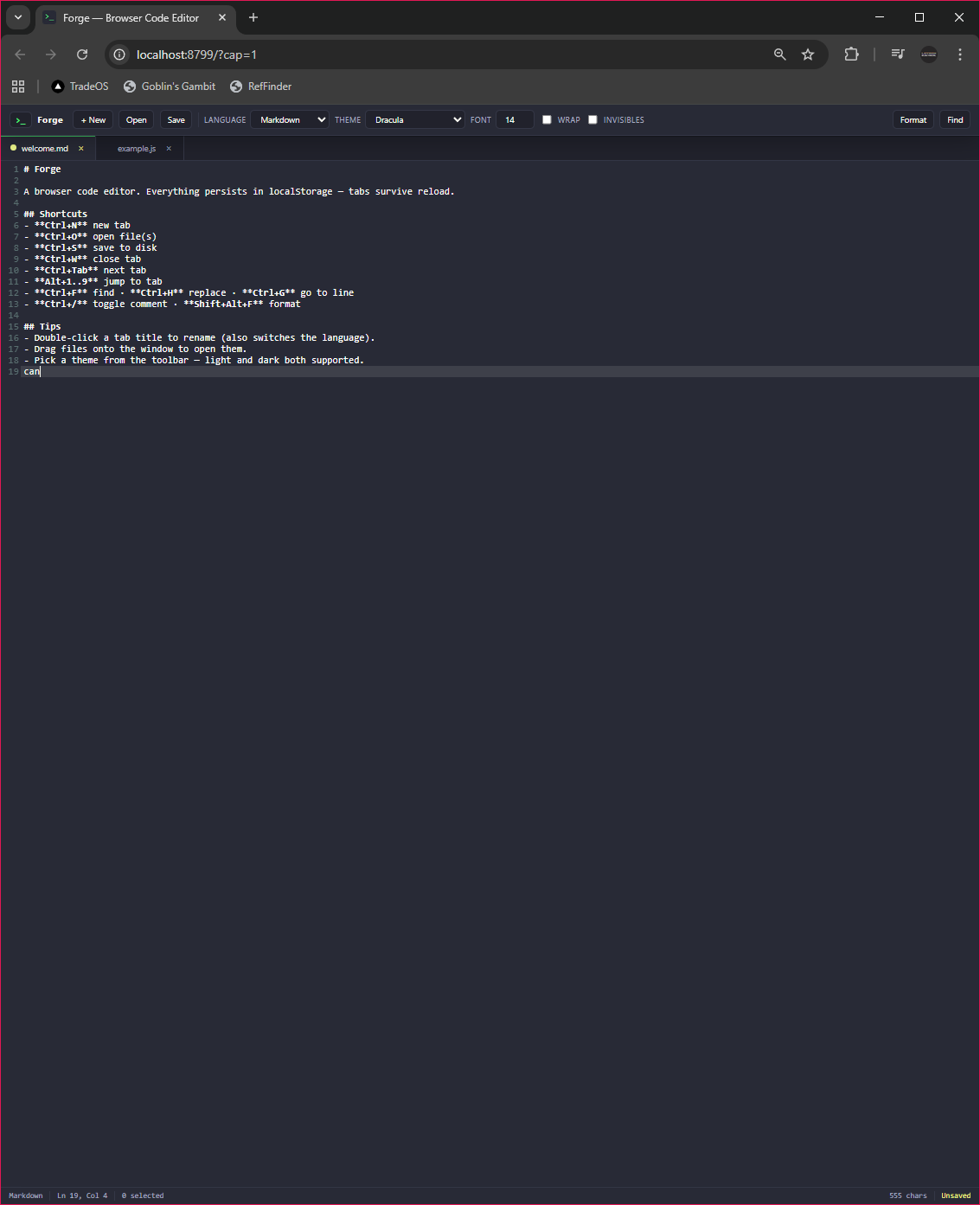 Create a browser-based code editor with syntax highlighting, multiple tabs, line numbers, and theme switching.