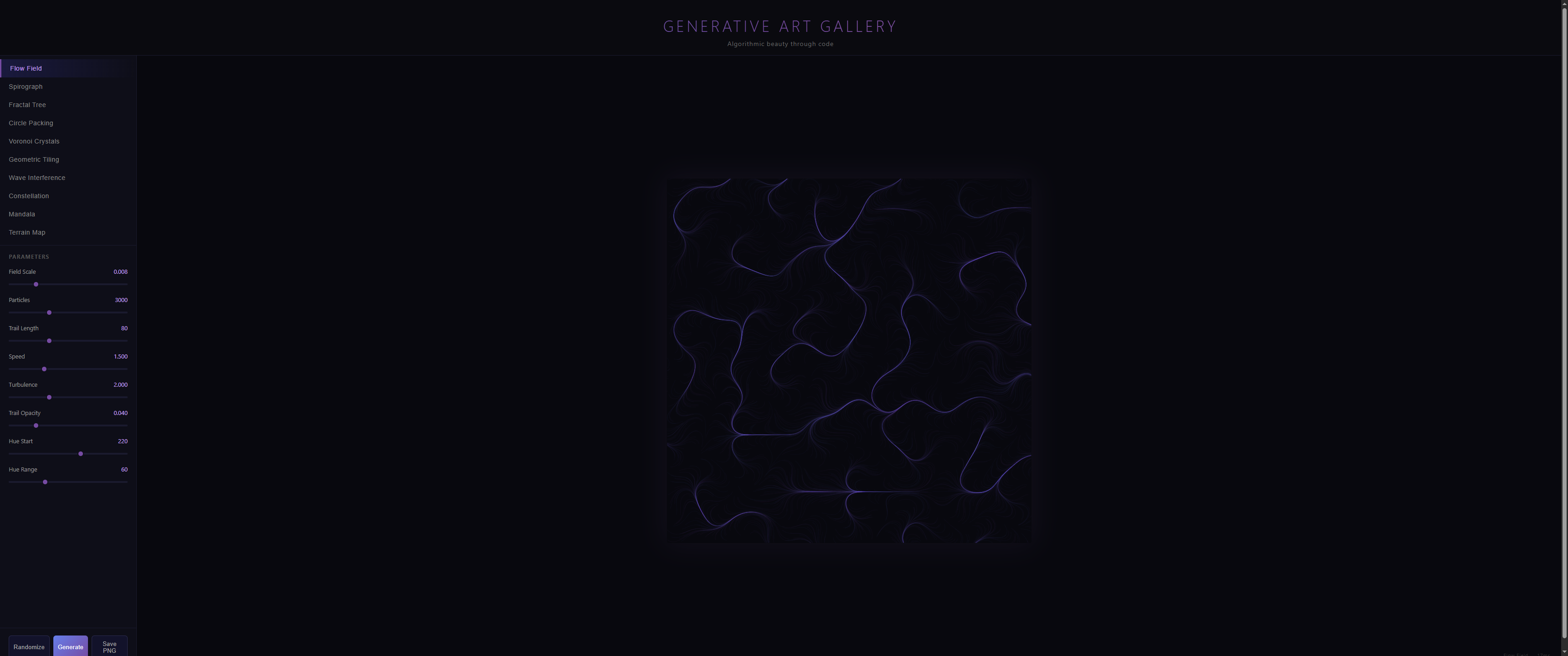 Create a generative art gallery with multiple algorithmic art styles and parameter sliders to customize each piece.