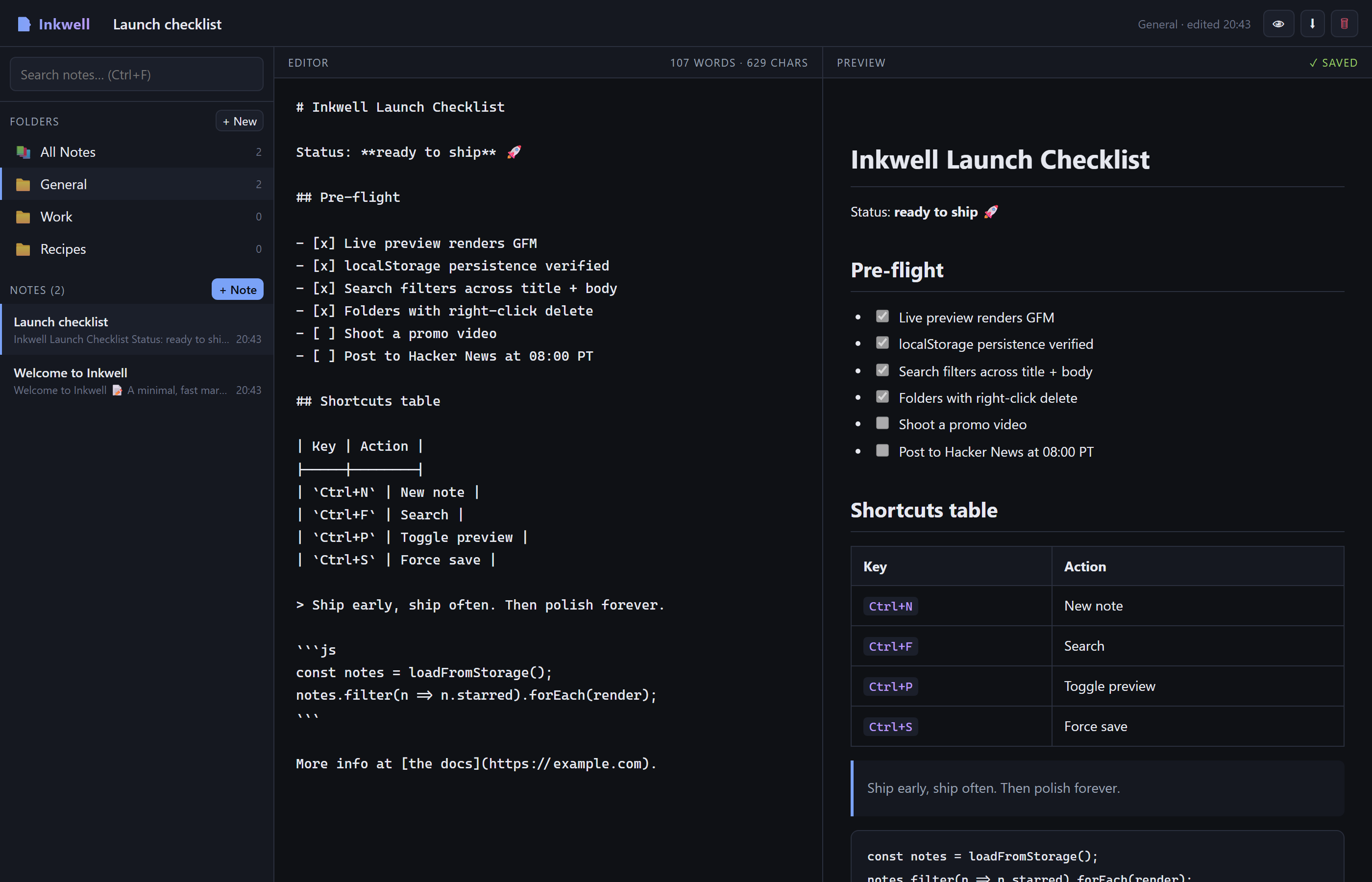 Create a markdown note-taking app with live preview, folder organization, search, and local storage persistence.