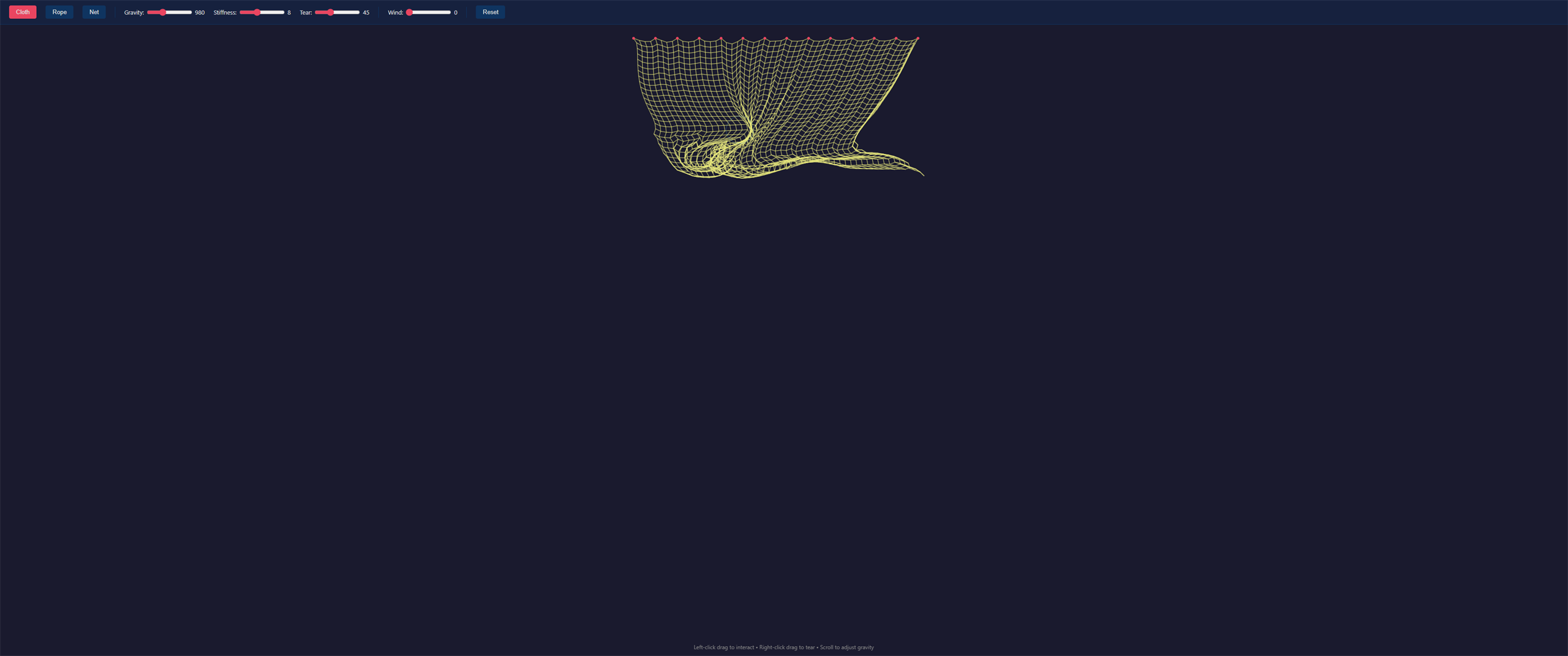 Build a physics-based rope and cloth simulation with mouse interaction, tearing, and adjustable gravity.