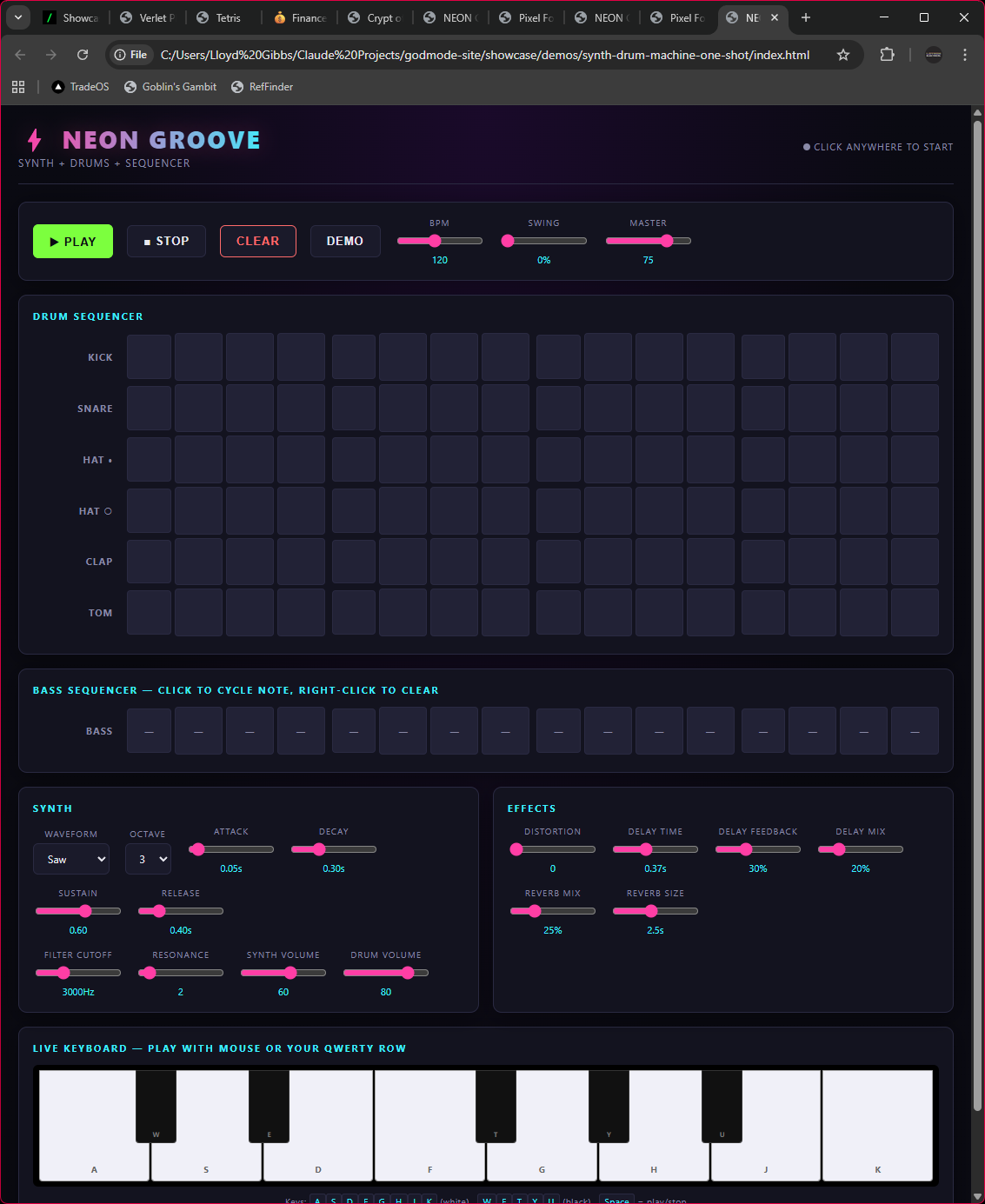 Build a web-based synthesizer and drum machine with a step sequencer, multiple waveforms, and effects.