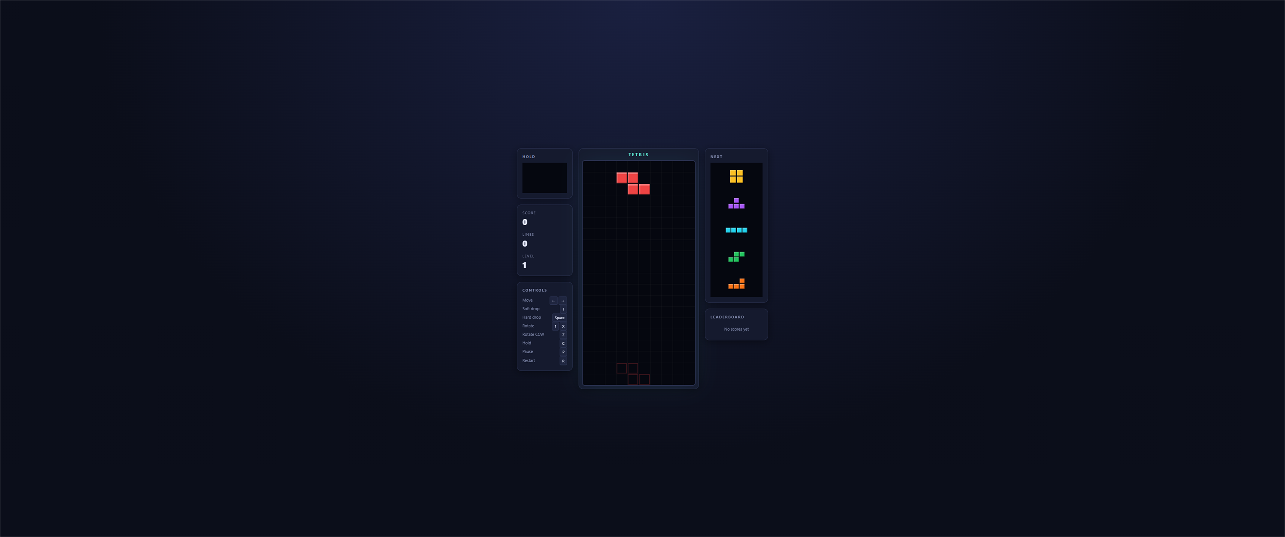 Create a polished Tetris clone with hold piece, ghost piece, next queue, scoring, levels, and a local leaderboard.